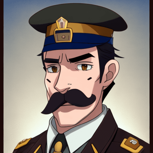 AI generated: MALE, Middle Age, Side-parted slick back Dark brown Hair, blue eye color, Military uniform, large bu...