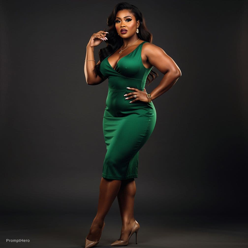 AI generated: Porn Star/ model Maserati, showcasing her big macromastia sized chest, wearing a green tight cocktai...