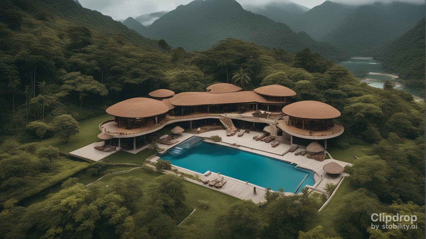 AI generated: a magnificent modern ecotourism site with a design of the peoples of Cameroon, swimming pools and be...