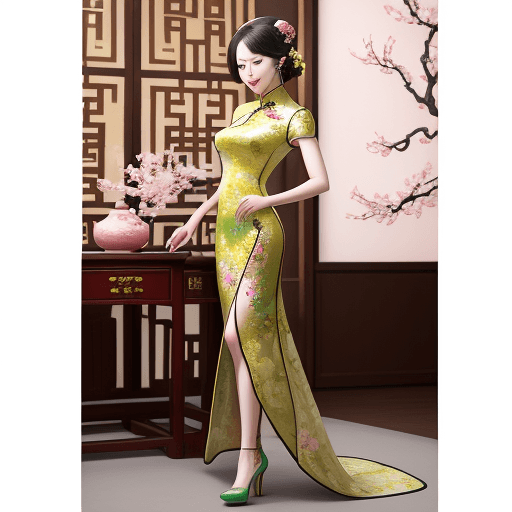 AI generated: An elegant and noble woman wearing a colorful cheongsam and high heels standing in the background of...