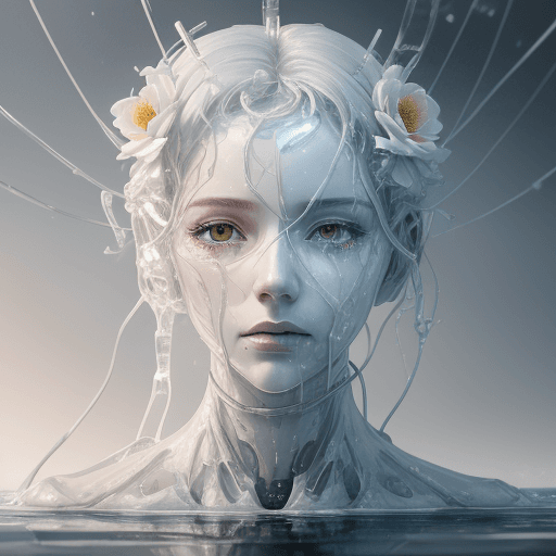AI generated: Half body portrait of a woman made of human and robot, half body submerged in ice, white wires depic...