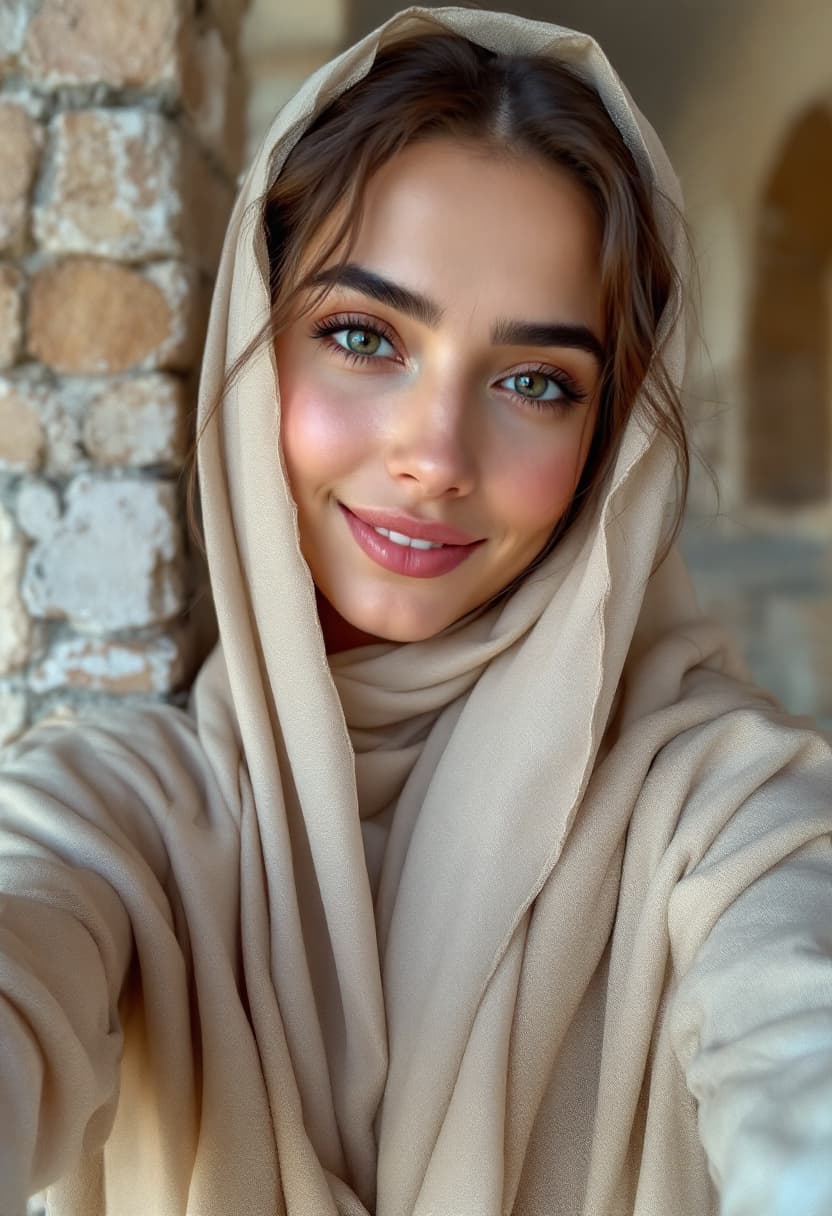 AI generated: Photograph, close-up of the face 20-year-old attractive young Muslim young women,   from iran, open ...