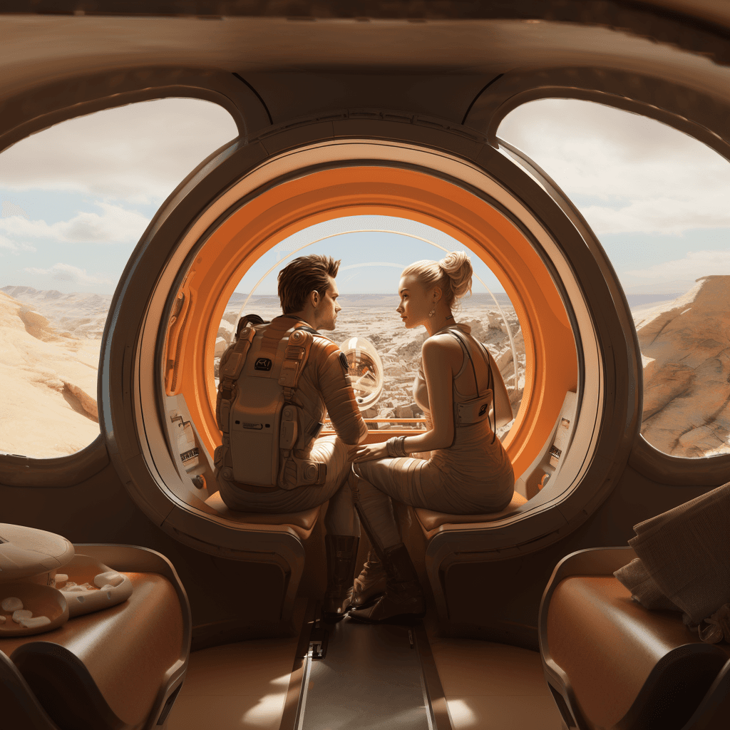 AI generated: general view of a man and a woman wearing futuristic uniforms, inside the interior of a spaceship wi...