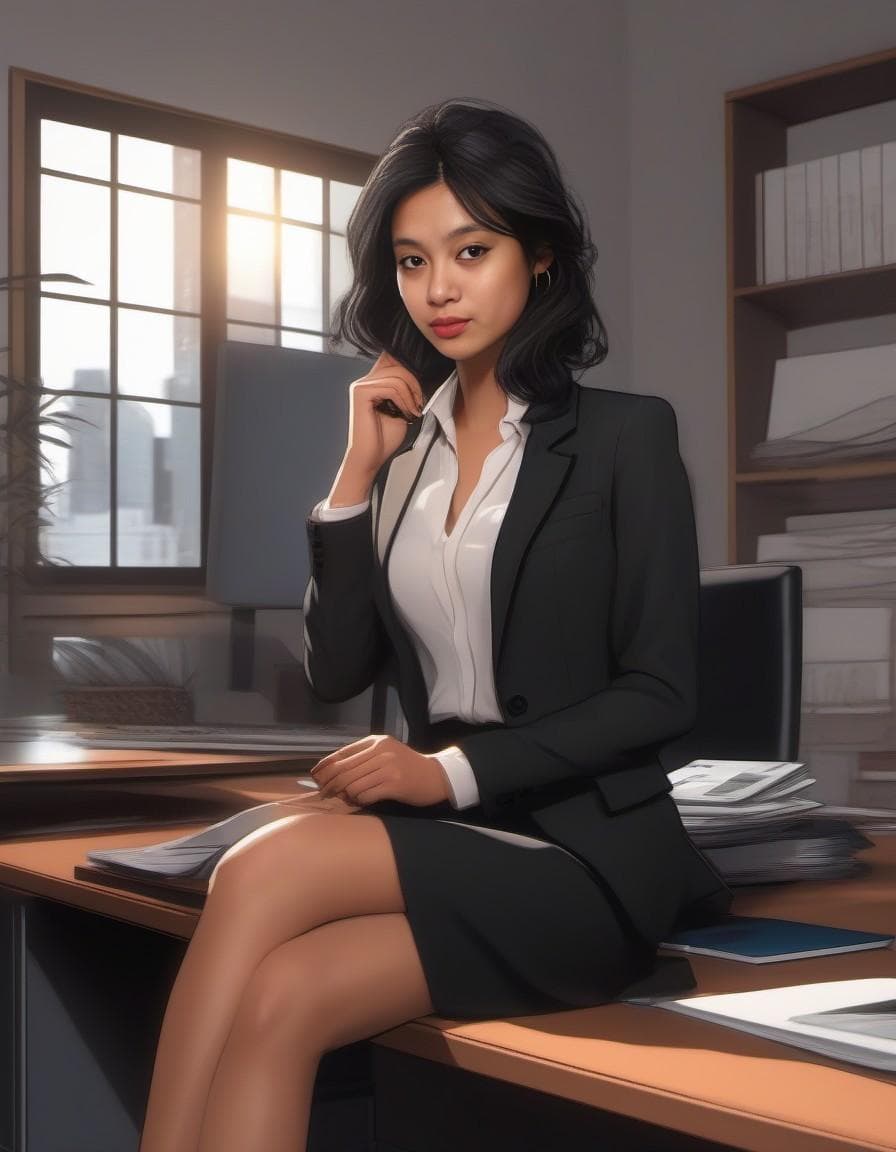 AI generated: Anime Style of a Girl sitting on desktop working office, wearing casual business clothes, suit set a...