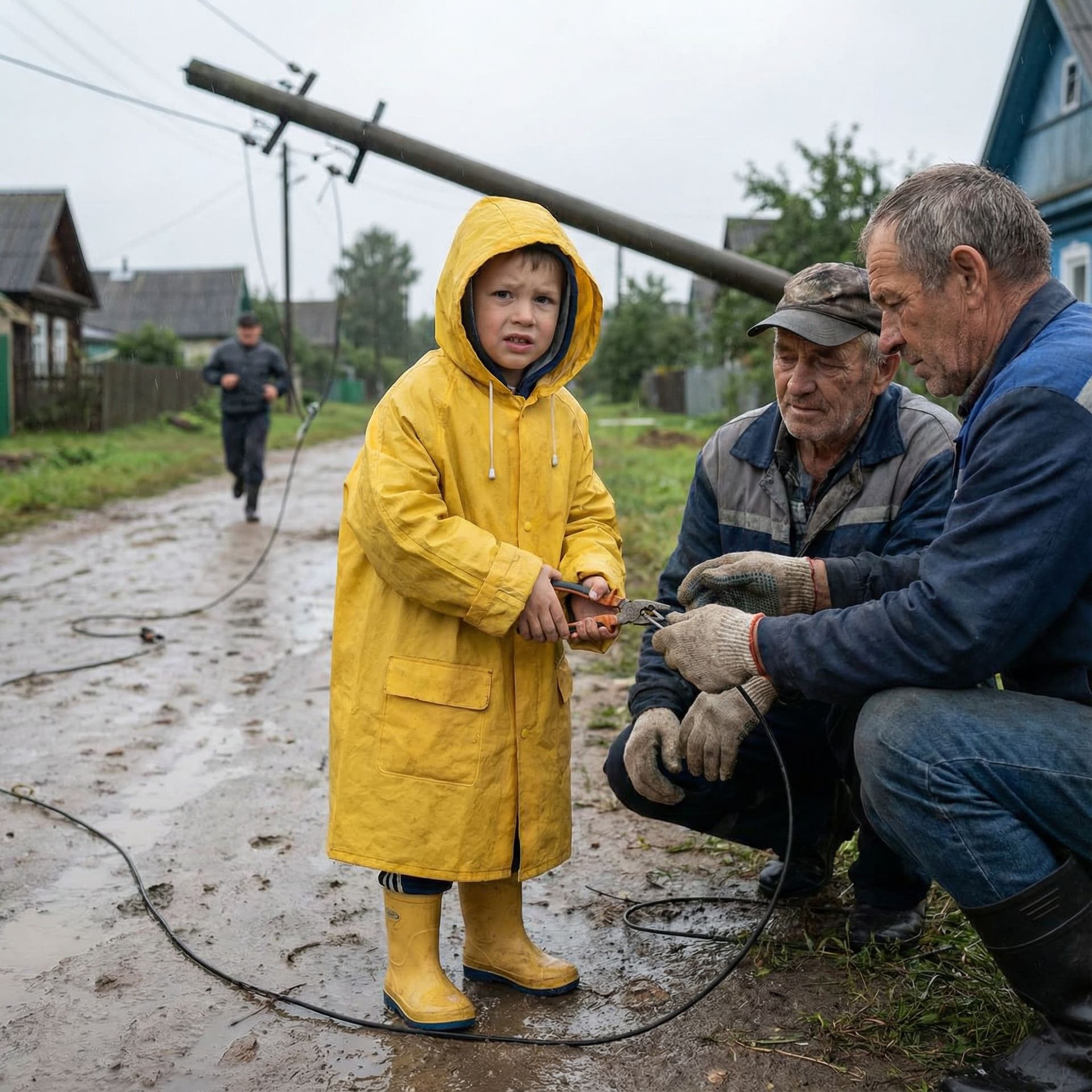 AI generated: A boy fixing the broken line with the help of elders - Despite fear and run .
