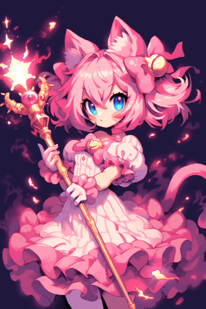 AI generated: An adorable catgirl in a sparkly pink kingdom-themed dress, holding a star-patterned wand, bright bl...