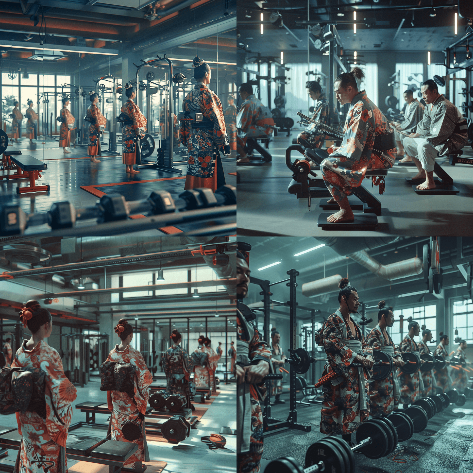AI generated: In an American gym, samurai wearing traditional kimonos are working out. All the samurai are wearing...