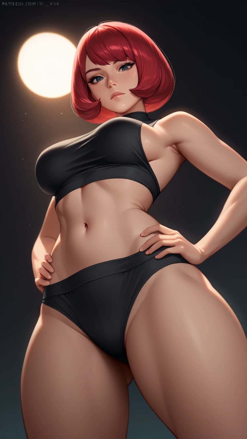 AI generated: obra maestra, 1girl, profesor hiedra, Pokémon, en pie, Top deportivo negro corto, ropa interior delg...