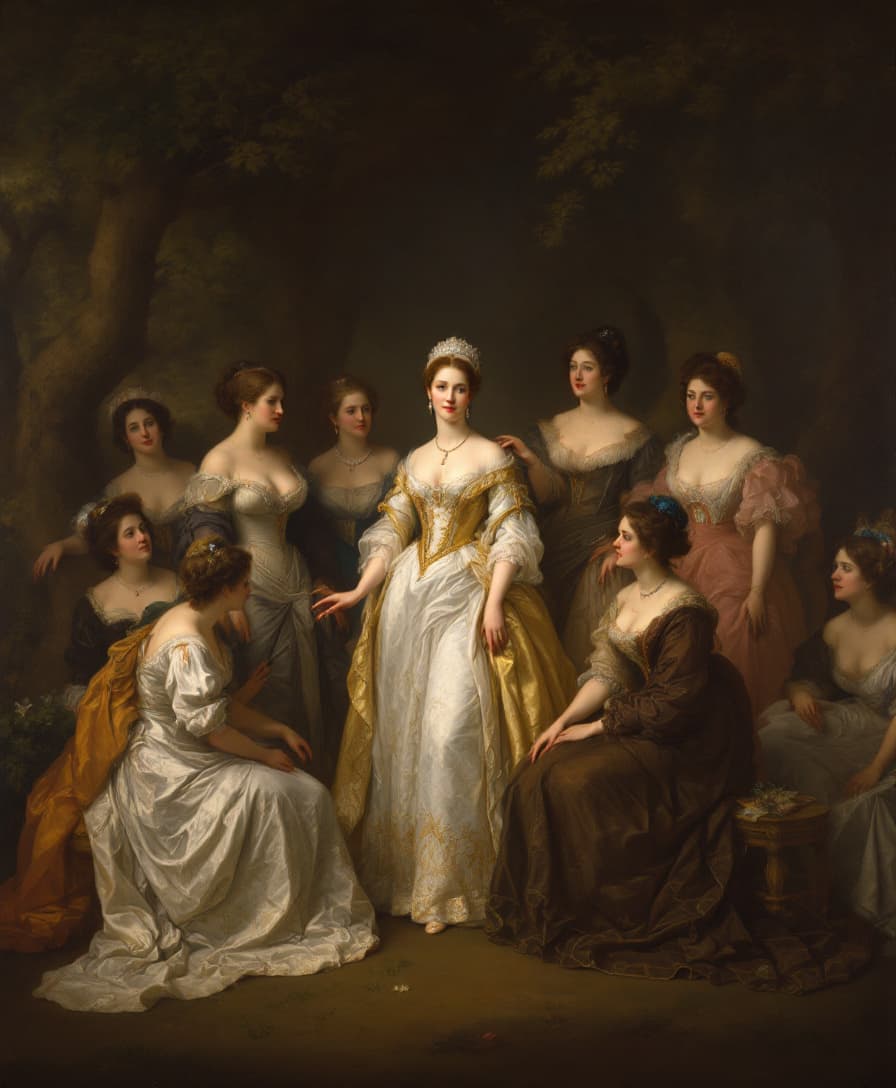 AI generated: Prompt: (Masterpiece), (("The Empress Eugénie Surrounded by Her Ladies in Waiting (1855), Château de...