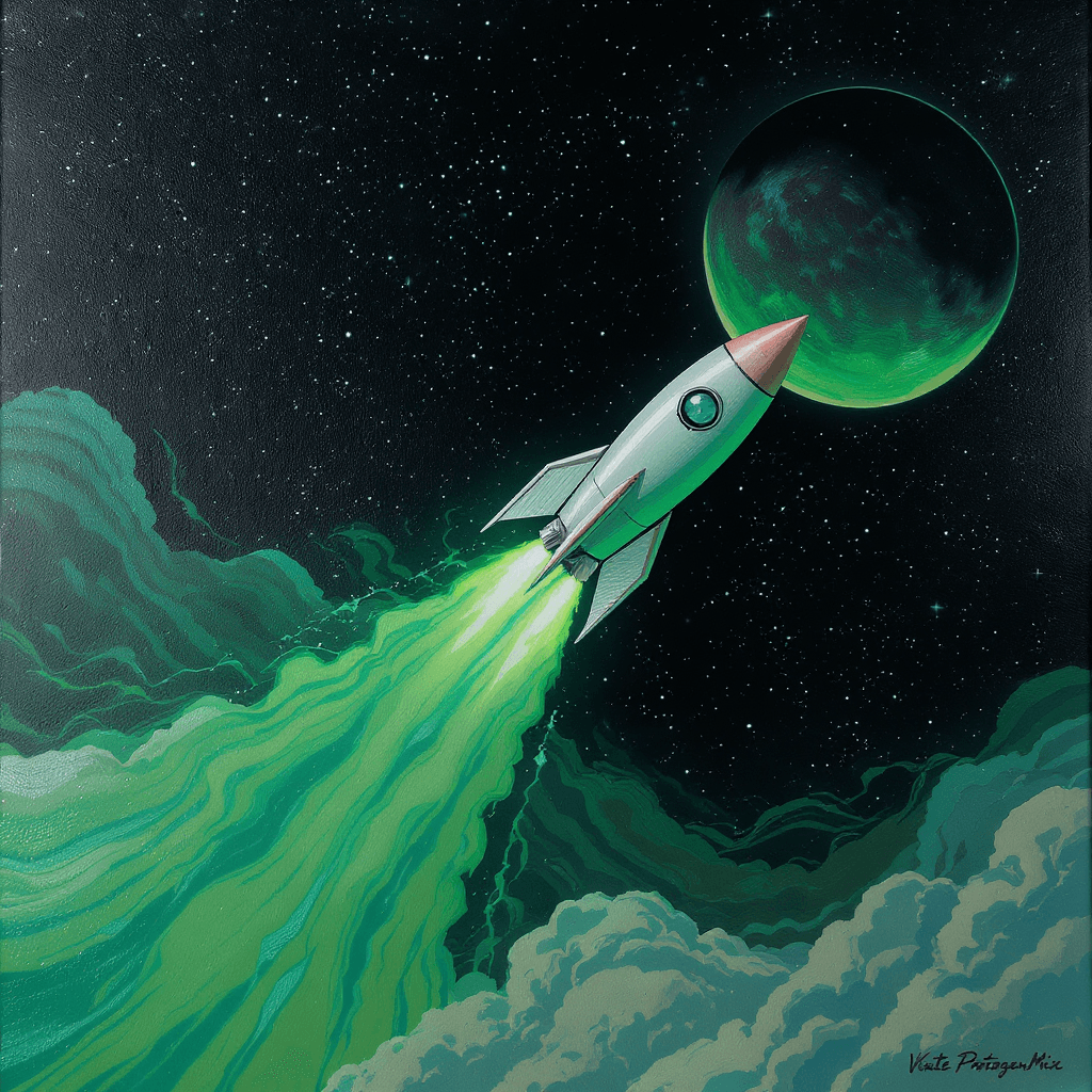 AI generated: rocket flying through the clouds into space, moon, style of laurie greasley, james gilleard, genshin...