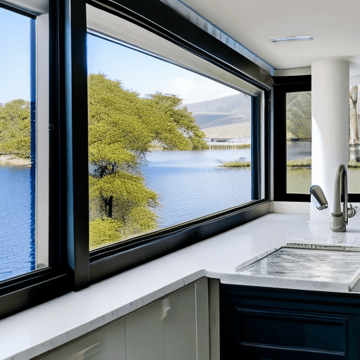 AI generated: High resolution photography interior design, smooth floor, luxury kitchen, small windows looking out...