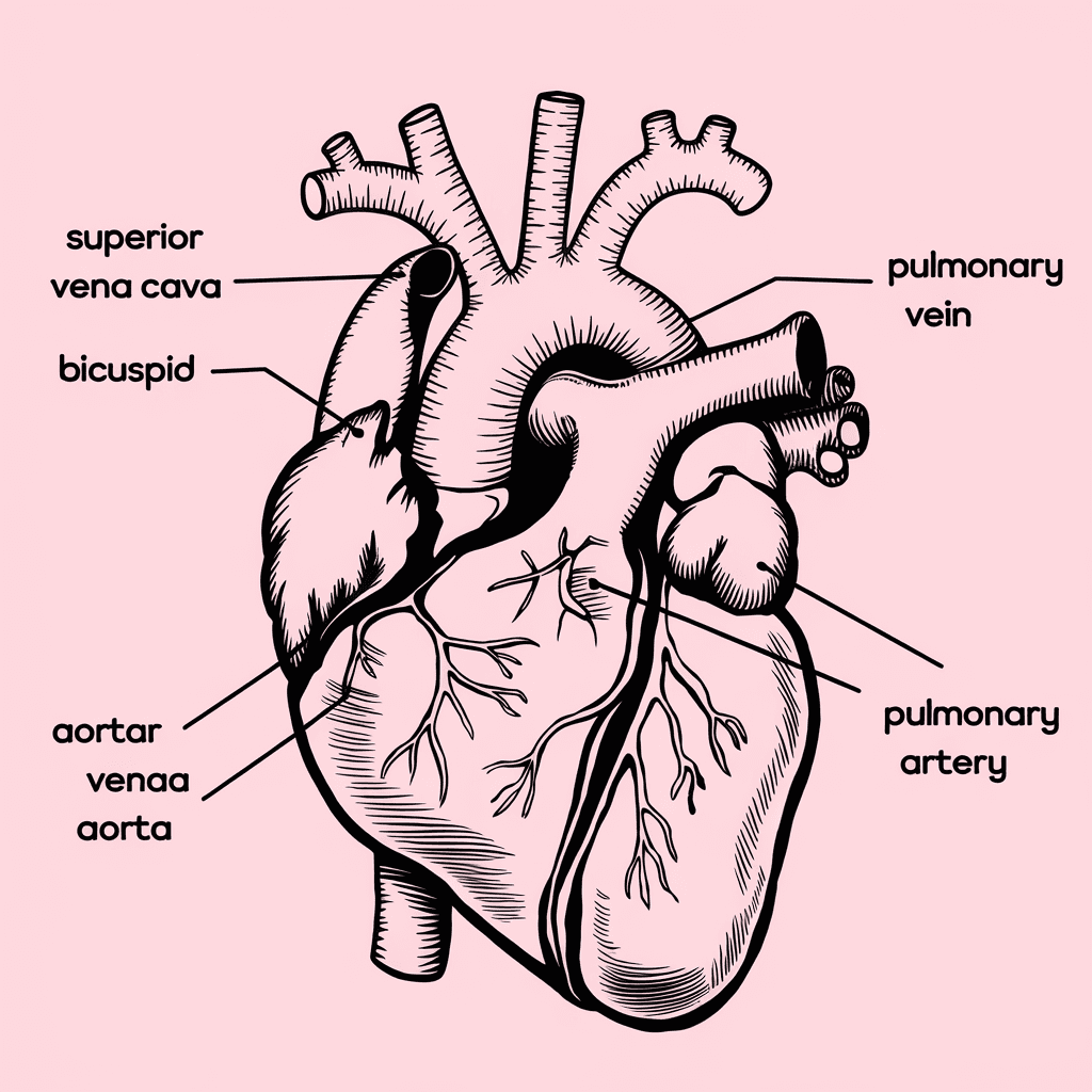 AI generated: Realiza un dibujo del corazón en el que se vean sus cavidades, sus válvulas y los vasos sanguíneos q...