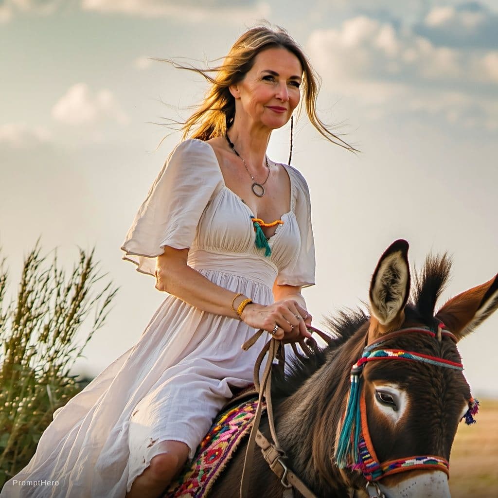 AI generated: lady  rides on a donkey,  wears windy lifted blown dress and  cream swimsuit panties 