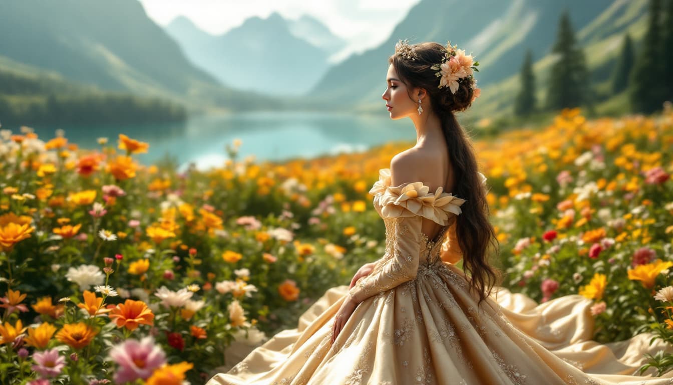 AI generated: a serene and enchanting scene of a woman standing in a field of vibrant flowers, with a majestic lak...