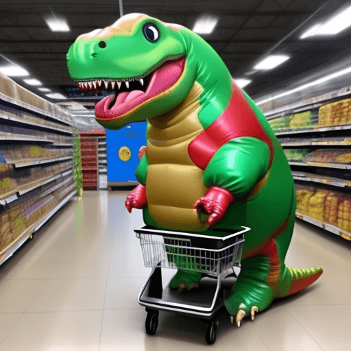 AI generated: Hyper realistic Giant Dinosaur inflatable costume in supermarket pushing trolly filled with items