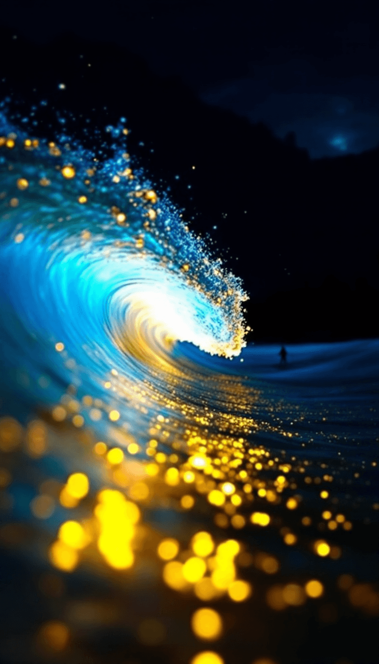 AI generated: A beach at night extreme close up of a surfer catching a wave, a wave made of scintillatingly bright...