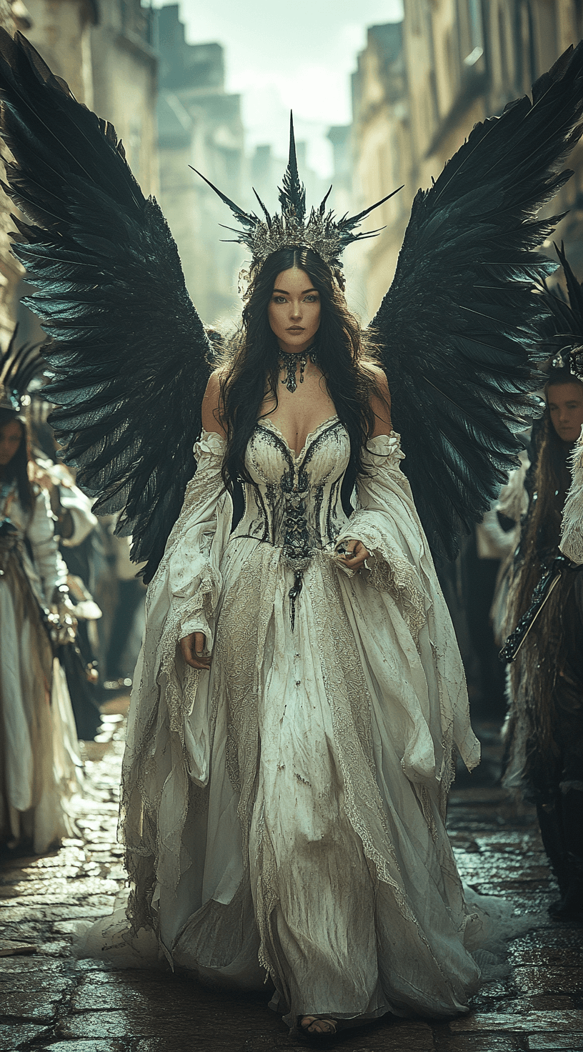 AI generated: Full-body shot of an angelic woman with black wings walking in the streets. She is wearing white and...