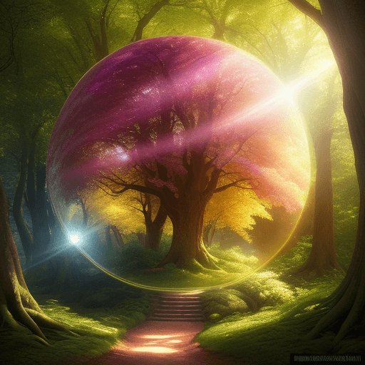 AI generated: A large sphere of light surrounds a leafy tree. The image is a fantasy landscape, with a vibrant sty...