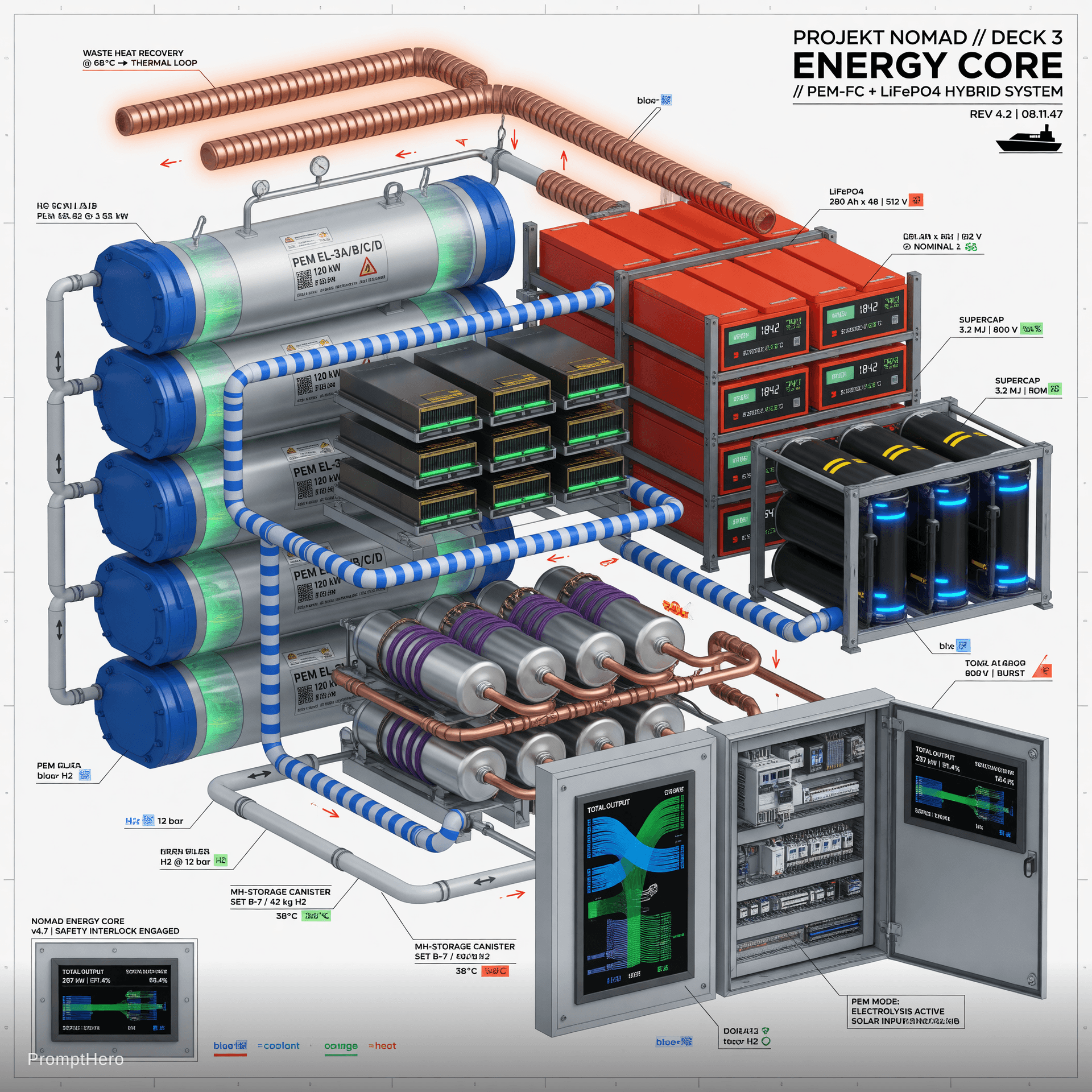 AI generated: Highly detailed technical interior close-up of the Energy Core on Deck 3 of Projekt Nomad, clean eng...