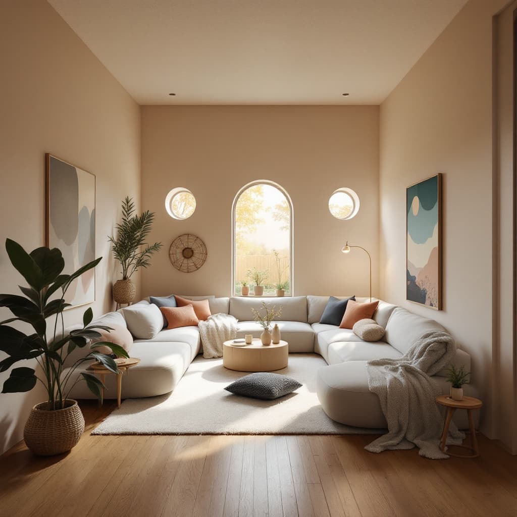 AI generated: High resolution photography interior design, dreamy sunken living room conversation pit, wooden floo...