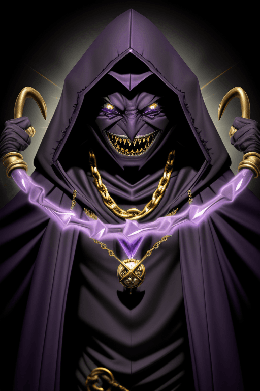 AI generated: Shadow wizard, in purple cloak hood, pitch black face glowing eyes and sharp teeth smile, gold chain...