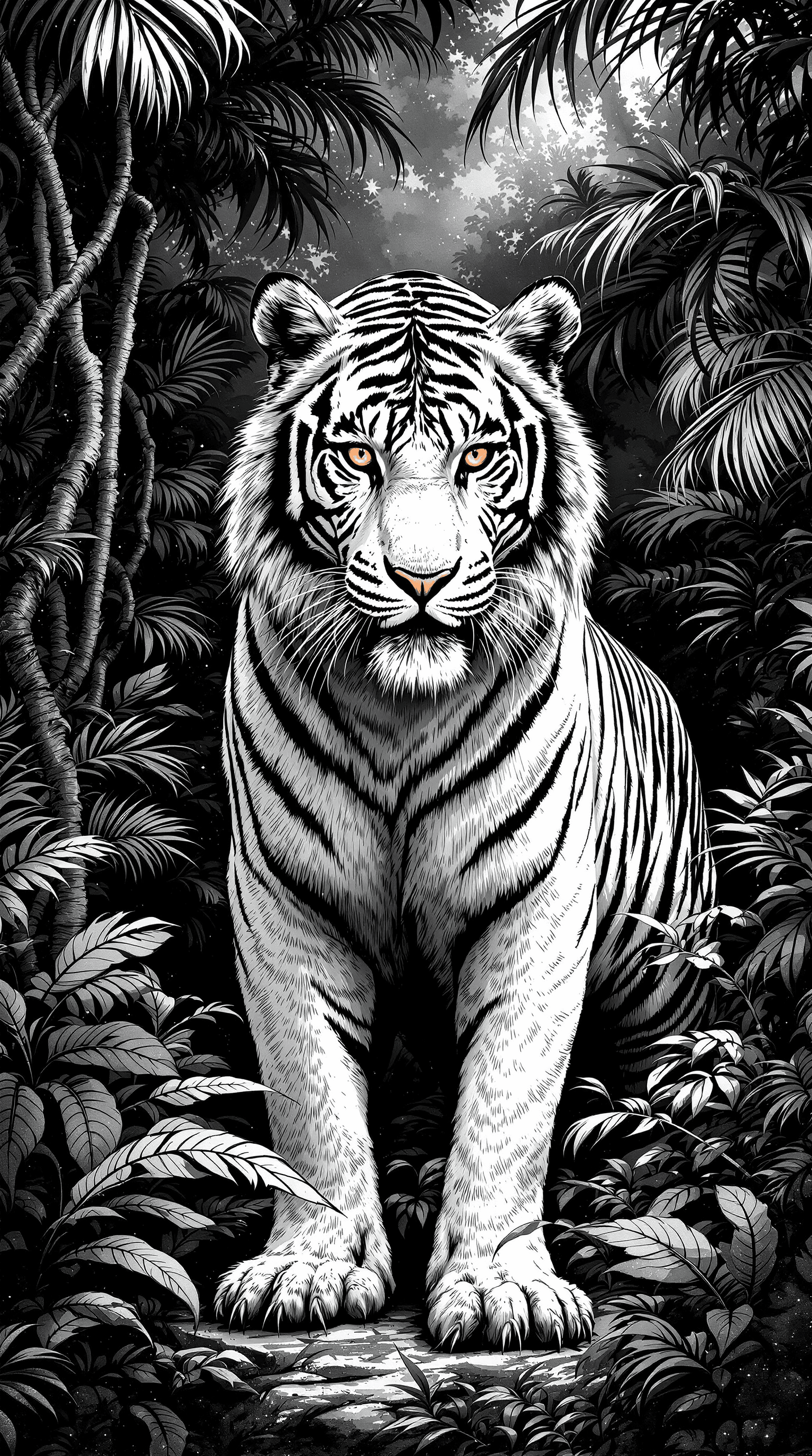 AI generated: A **highly detailed black and white illustration** of a **majestic white tiger** standing proudly am...