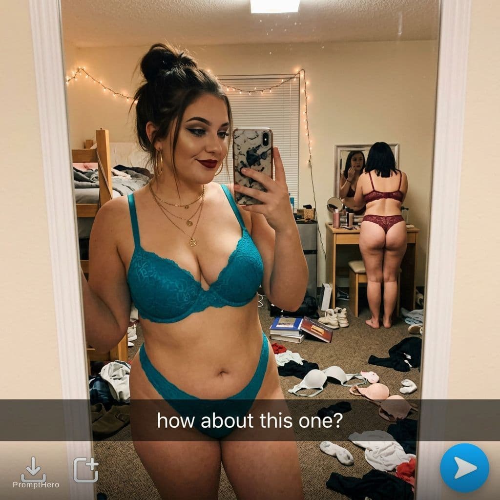 AI generated: A chubby 21 year old white woman takes a mirror selfie in her messy dimly lit college dorm room. The...