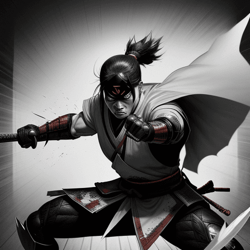AI generated: Comic art, samurai, with swords, fight, tearing a paper wall, fierce, superhero comics style --ar 1:...