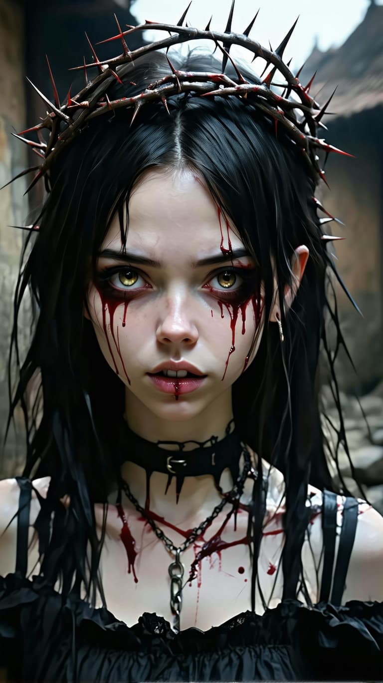 AI generated: 3d model, a beautiful skinny furious goth girl with a crown of thorns, more spikes puncturing her sk...