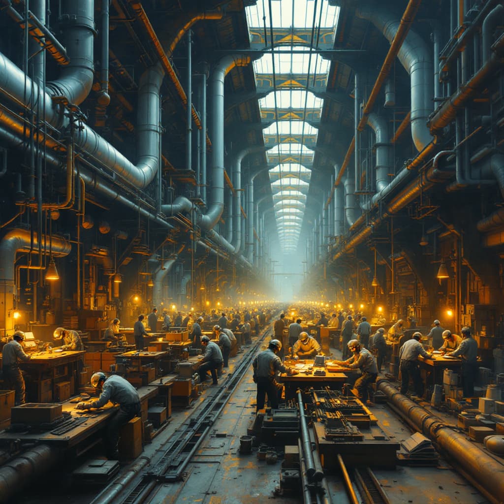 AI generated: detailed oil painting of the inside of an industrial REAL city, with many pipes and machinery and hu...