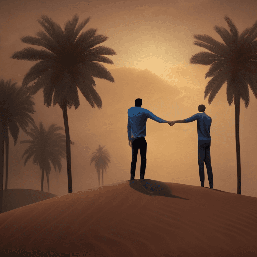 AI generated: a scene of a man holding a man's hand and raising it toward the sky, they are standing in a high pla...