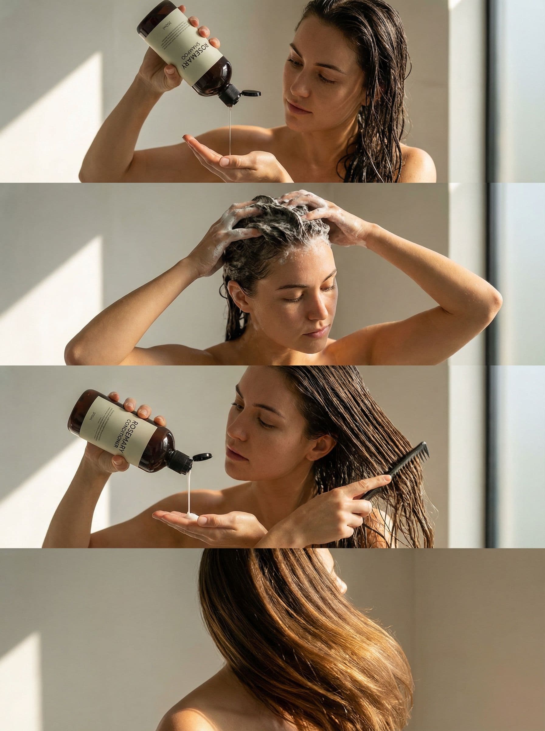 AI generated:  muestra a una joven de 27 años lavándose su cabello con productos de cabello Rosemary.
Champú Rosem...
