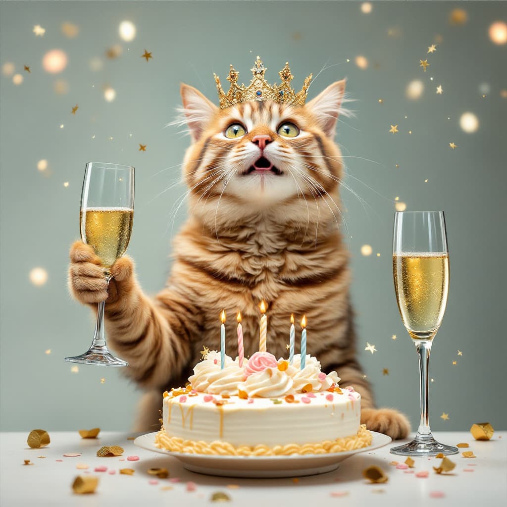 AI generated: queen cat celebrating birthday with champagne