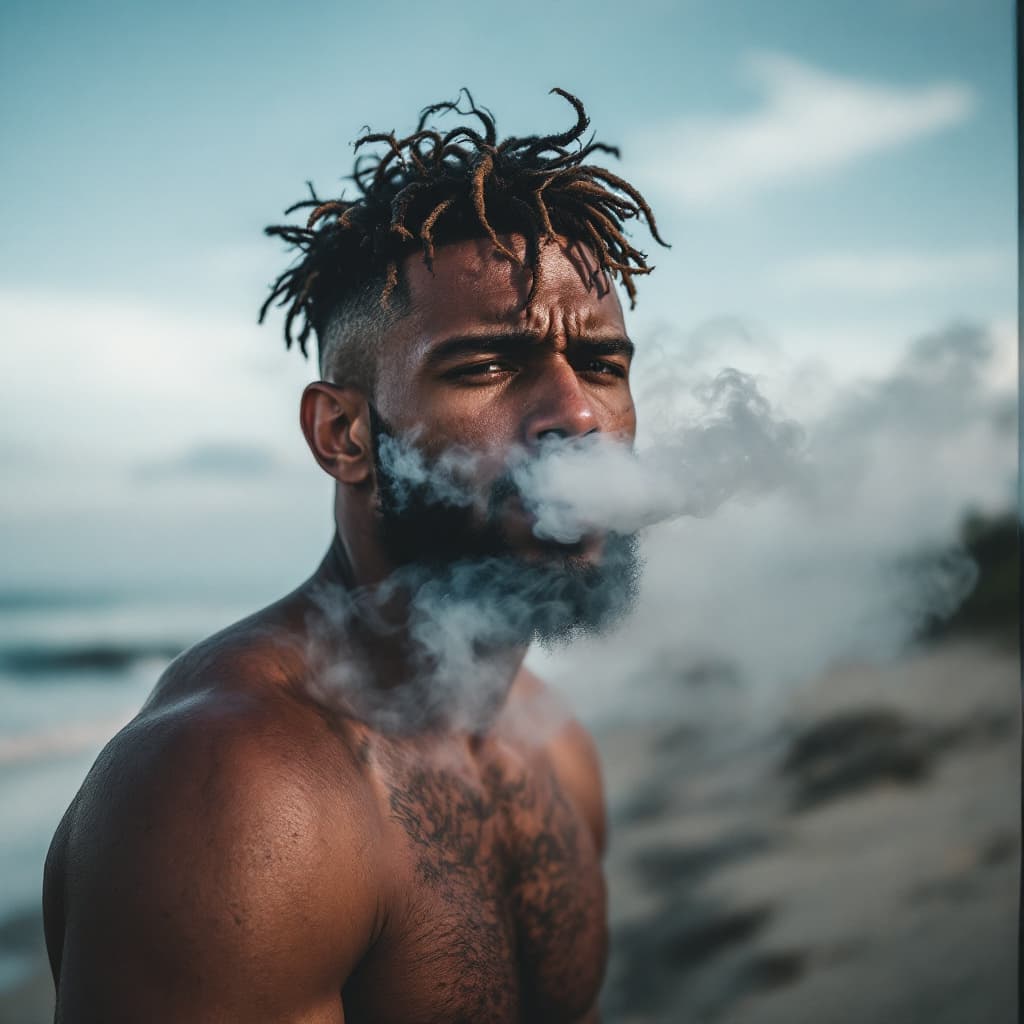 AI generated: A man is  his smoke in beach and unhappy 