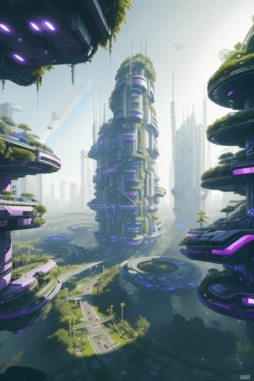 AI generated: a view of a city with a lot of trees and bushes, garden, a lot of flying objects , future city, in f...
