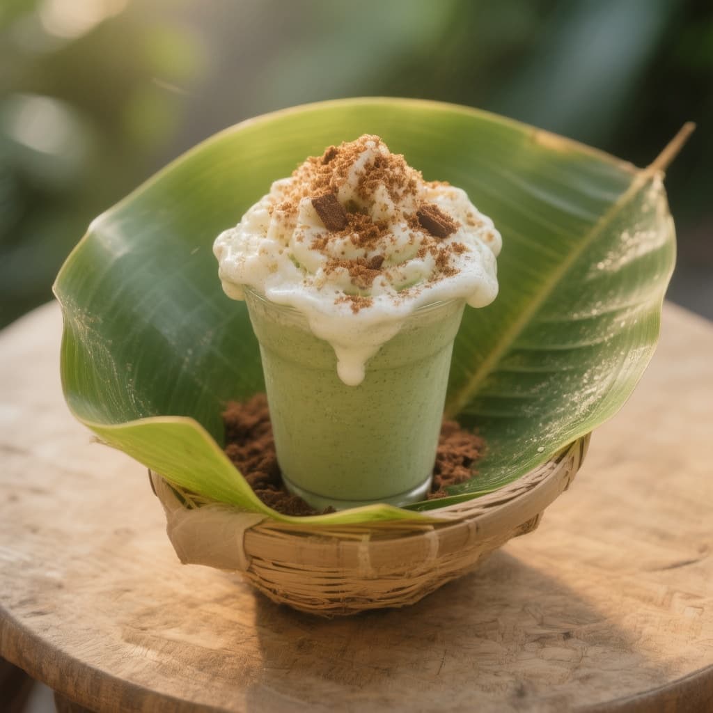 AI generated: crea una imagen de un caffe en una hoja de plátano 
