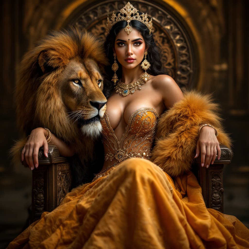 AI generated: full length portrait of an Indian woman in a royal fur golden-orange gown representing Leo zodiac si...