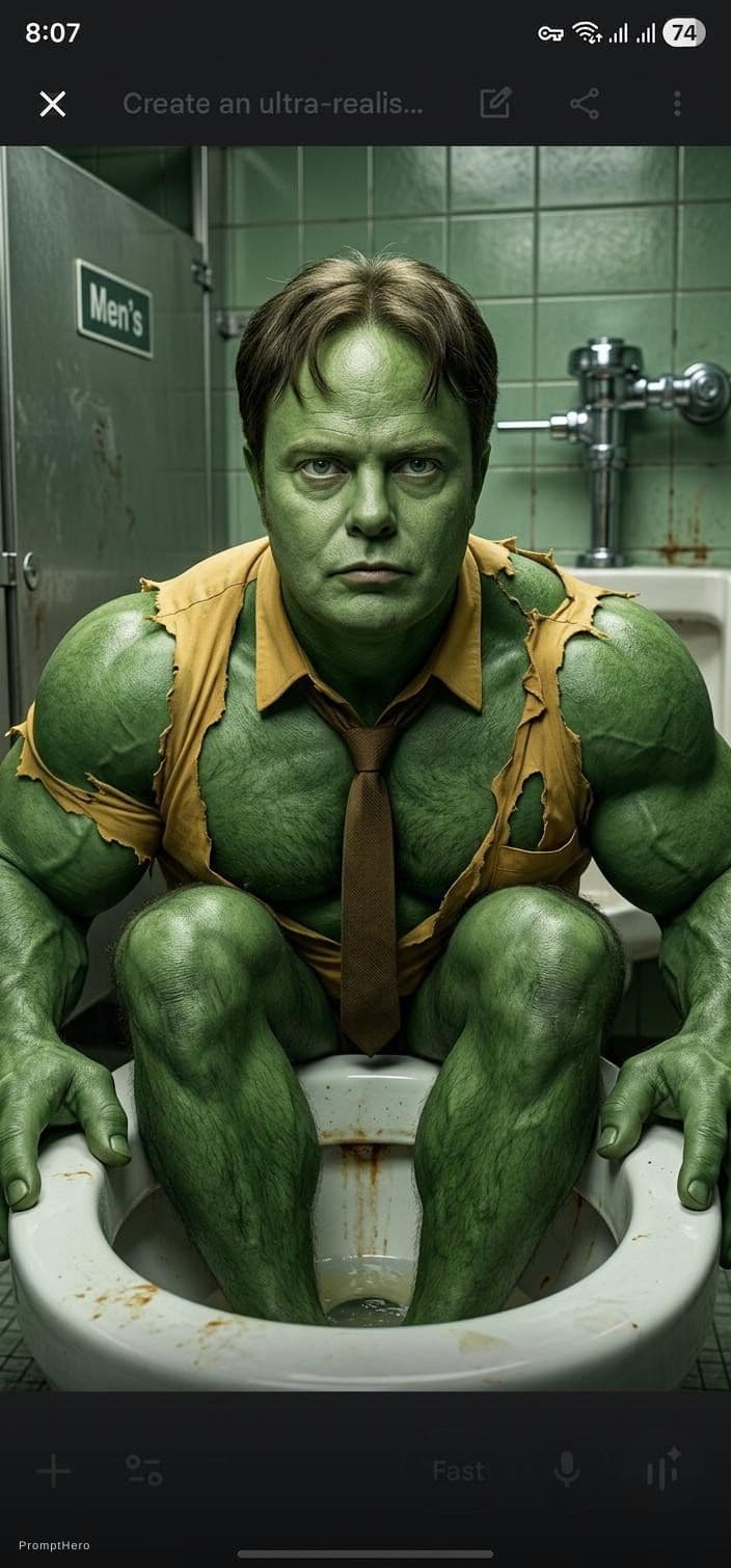 AI generated: Dwight Schrute as Hulk, Hulk costume, Dwight Schrute hairstyle, Hulk body type, Dwight Schrute Face,...