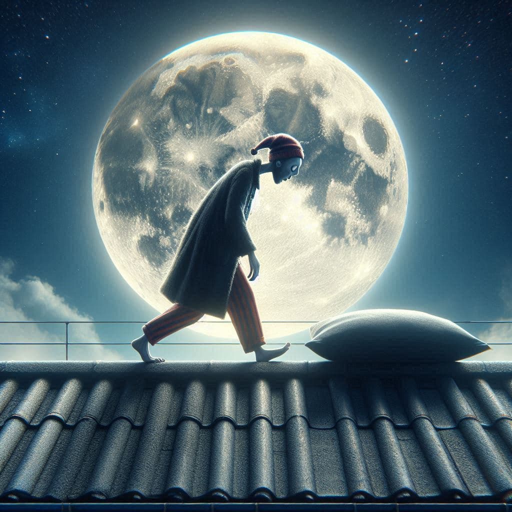 AI generated: A sleepwalker on the roof at full moon, in the style of realistic hyper-detailed rendering, quirky c...