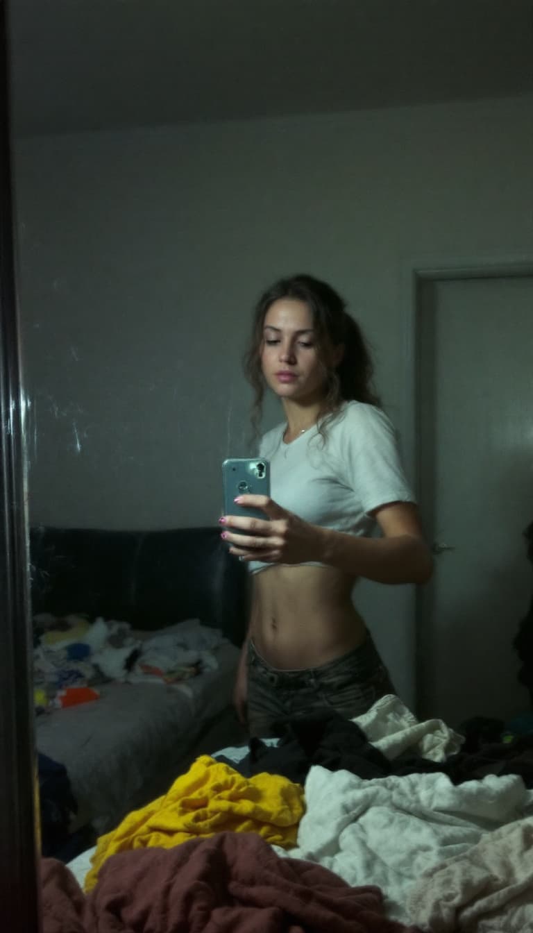 AI generated: A woman stands in front of a mirror, capturing a selfie. The image quality is grainy, with a slight ...