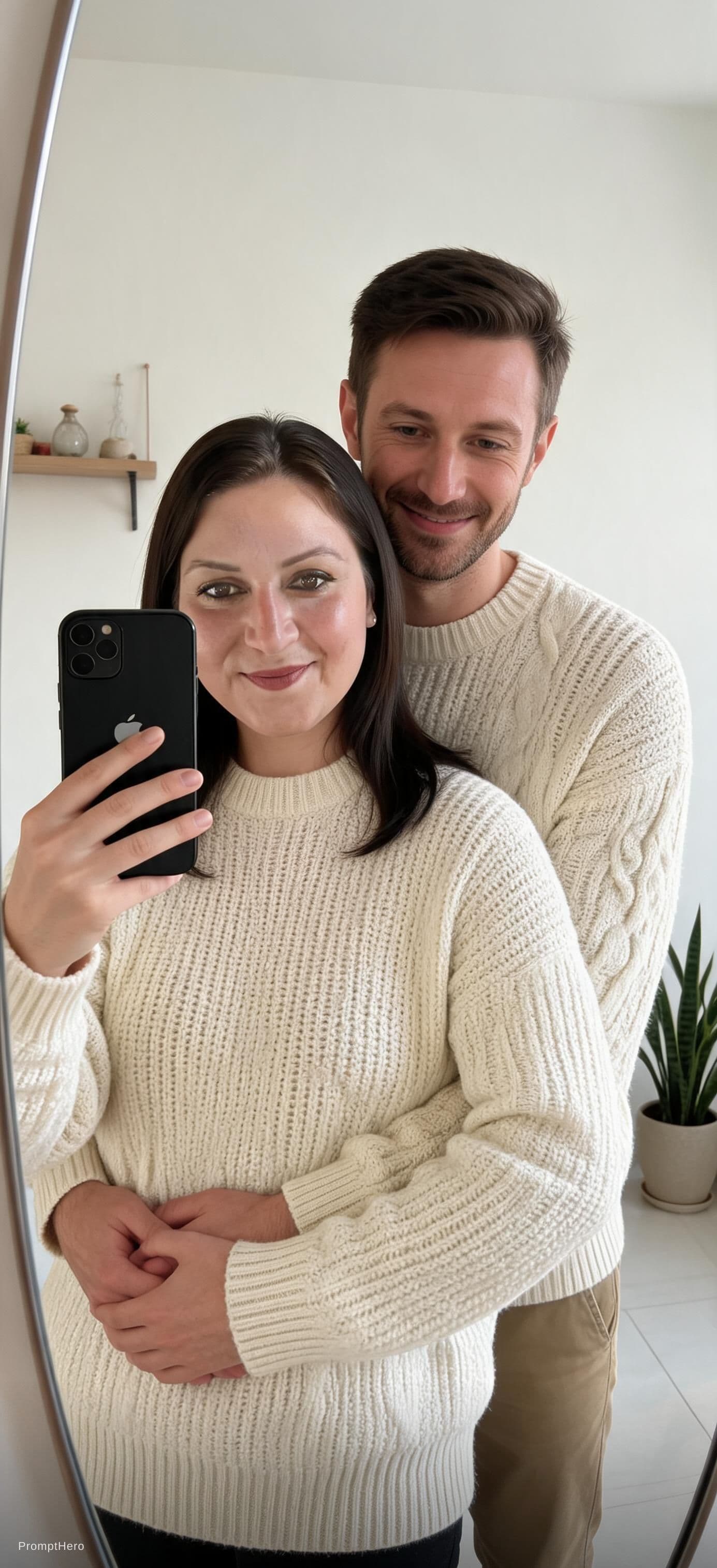 AI generated: A happy young couple standing indoors, taking a mirror selfie together. Both are wearing matching cr...