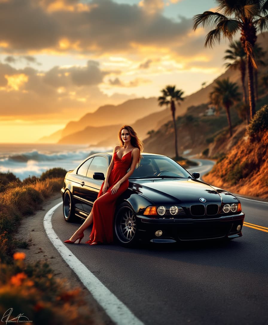 AI generated: A sleek BMW E39, its glossy black paint reflecting the golden hues of a sunset, stands proudly on a ...