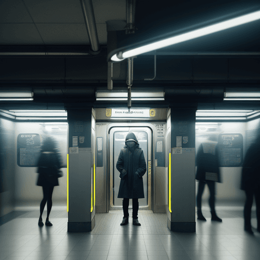 AI generated: create an image of a person standing alone in a subway station, under a single bright fluorescent li...