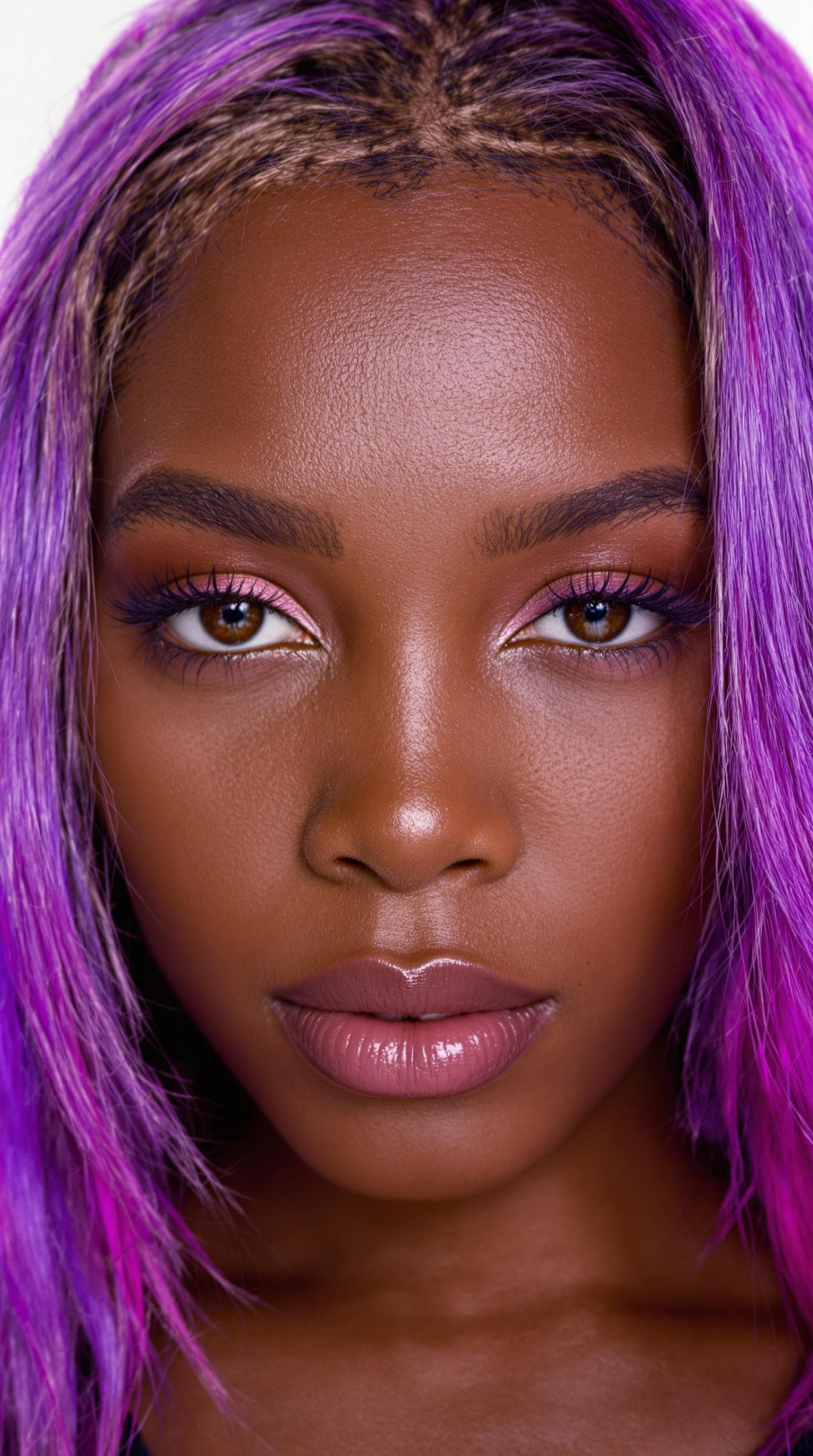 AI generated: A close-up portrait of an African American woman with vibrant purple hair, captured in ultra-realist...