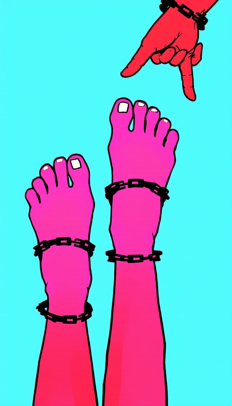 AI generated: A vibrant illustration featuring two stylized feet and two hands, all in shades of pink and red. The...