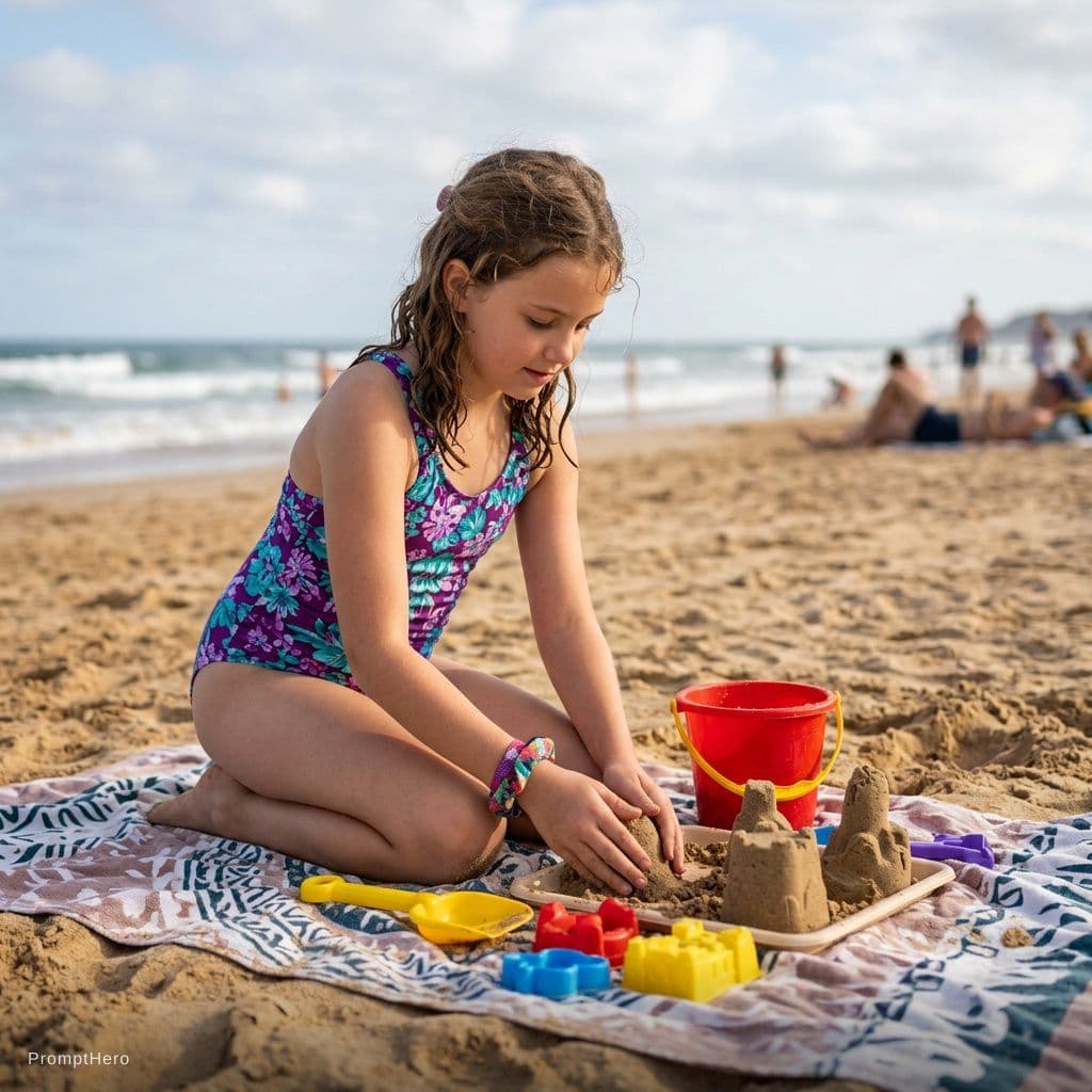 AI generated: a young girl about 10, kneeing on the beach in swimsuit, playing sand is front of her, 
facing forwa...