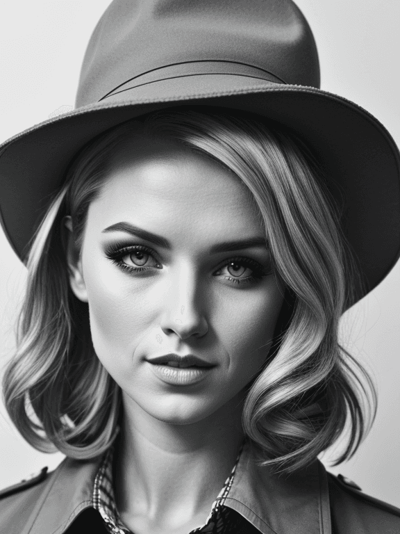 AI generated: detailed pencil drawing of a beautiful willowy blond young woman,busty,woman's trench coat,fedora,fu...