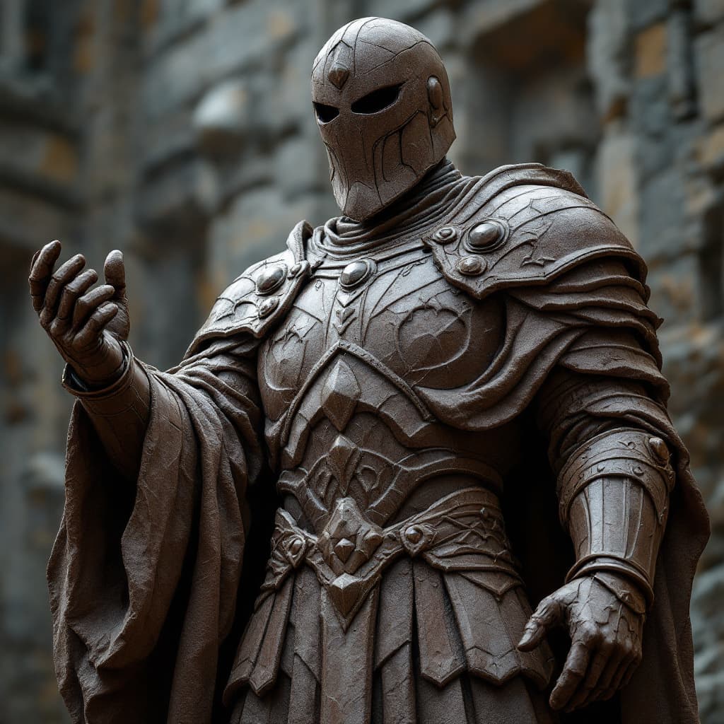AI generated: statue, made of stone, craved chiseled chocolate stone statue of a male high paladin judge, heavy fu...