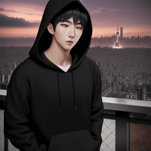AI generated: Hyper realistic Korean handsome boy with black hoodie and standing over  Tokyo city 
