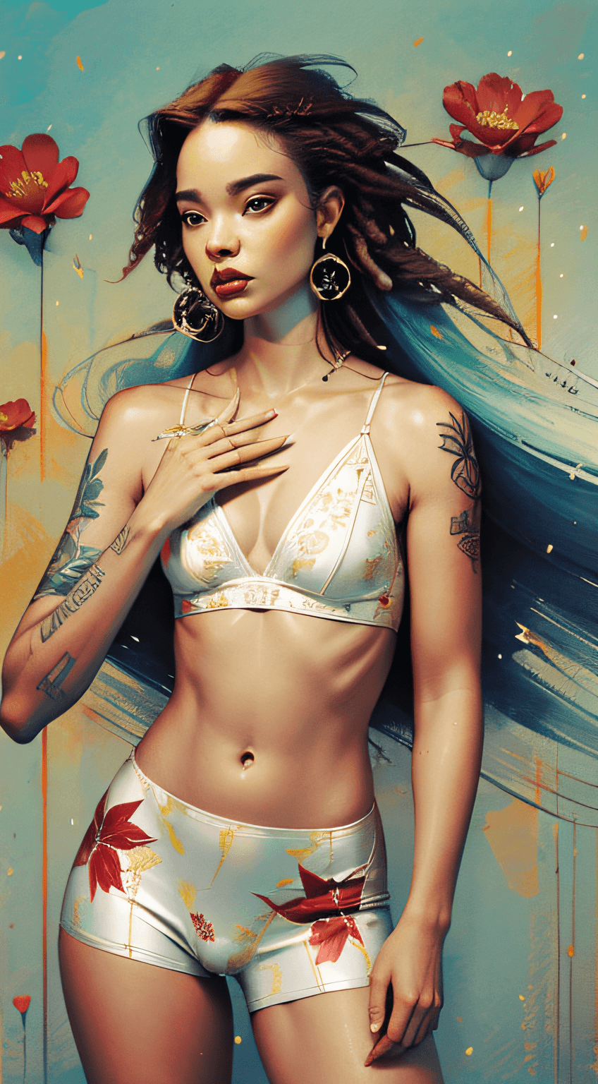 AI generated: ankymoore, visão de baixo pra cima, 1rapper with dread hair with tattoos, white and red sexy clothes...